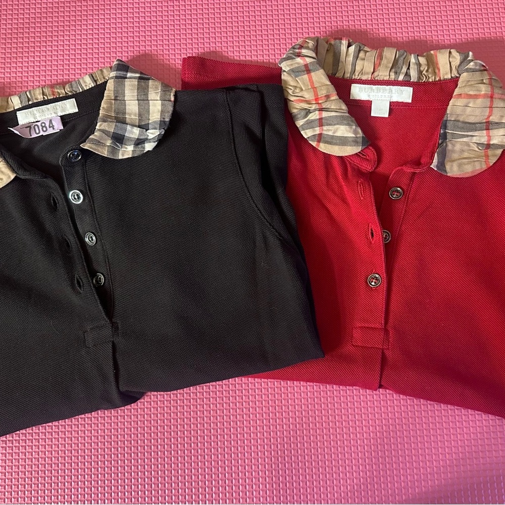 Two Burberry Girls Polo Shirts - Black and Red with Plaid Collar